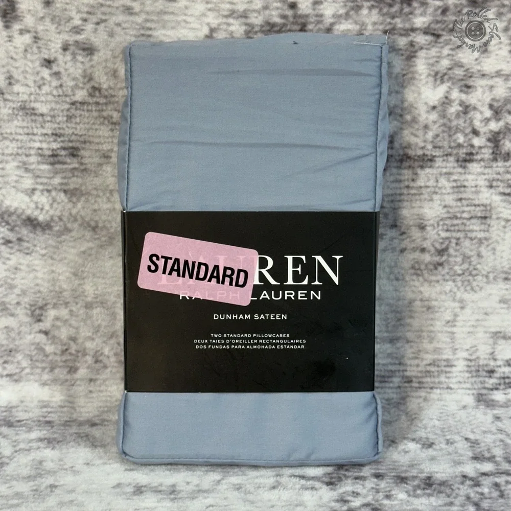 NWT Ralph Lauren Dunham Sateen Two King Pillowcases Mist Blue/Grey 300TC Cotton‎